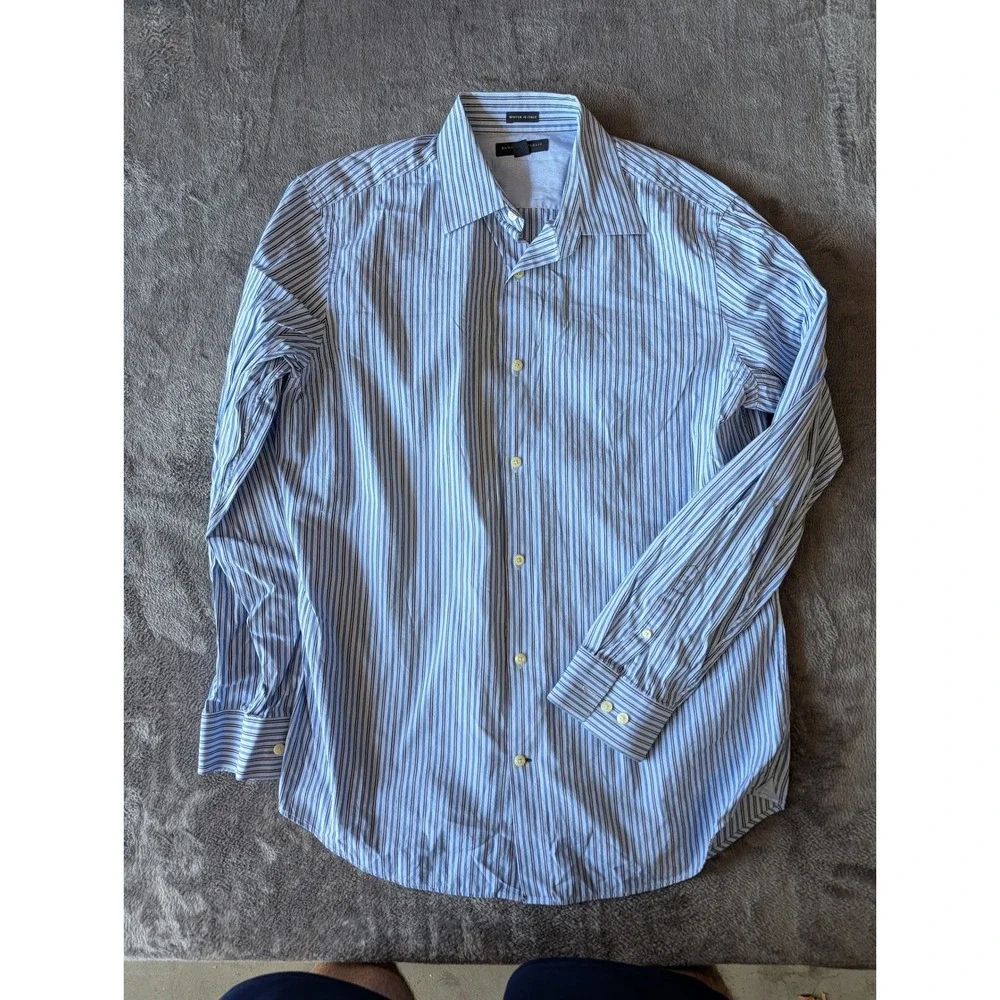 Banana Republic Mens Fitted Striped Dress Shirt Blue Woven in Italy L 16-16.5